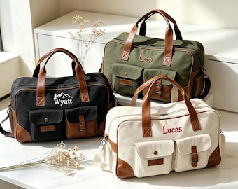 Personalized Canvas Duffle Bag, Custom Name Travel Bag, Vintage Weekender Bag, Overnight Bag, Gift for Him