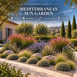 Puede incluir: Un kit de diseño de jardín digital titulado Mediterranean Sun Garden, que muestra un paisaje con gramíneas ornamentales, cardos azules y rocas. El texto incluye Full Sun, USDA Zones 6-9, dimensiones de 5 x 2 m y 5 archivos PDF.