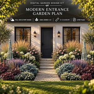 Peut inclure: Un kit de conception de jardin numérique intitulé Modern Entrance Garden Plan. L'image montre une entrée de maison avec une porte sombre, deux fenêtres et une allée en gravier entourée de roses roses, de lavande et d'arbustes verts.
