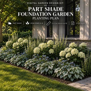 May include: A digital garden design kit titled Part Shade Foundation Garden Planting Plan. The graphic includes icons for part shade, USDA zones 4-8, a 16.4 x 6.6 ft area, and 5 PDF files. The background shows a garden with white hydrangeas.