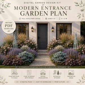 Modern Entrance Garden Plan | Front Yard Flower Bed Design | Printable Planting Plan PDF | Botanical Stickers | Garden Layout