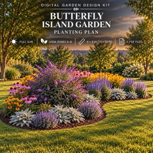 Könnte beinhalten: Ein digitales Gartendesign-Set mit dem Titel Butterfly Island Garden Planting Plan. Der Text gibt volle Sonne, USDA-Zonen 6-9, eine Fläche von 4 x 3 m und 5 PDF-Dateien an. Das Bild zeigt ein Gartenbeet mit violetten, gelben und silbernen Pflanzen.