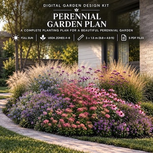 May include: A digital garden design kit titled Perennial Garden Plan, featuring a planting guide for a 3 x 1.5 meter (9.8 x 4.9 ft) area. The image displays a vibrant garden bed with pink coneflowers, purple verbena, and ornamental grasses.