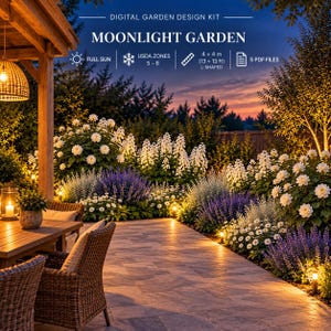 Könnte beinhalten: Digitales Gartendesign-Set Moonlight Garden mit einer Terrasse, Korbstühlen, einem Holztisch und einem Garten mit weißen und violetten Blumen. Der Text enthält Full Sun, USDA Zones 5-8, 4 x 4 m, L-Shaped und 5 PDF files.