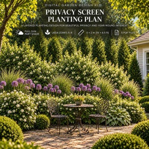 Könnte beinhalten: Ein digitales Gartendesign-Kit mit dem Titel Privacy Screen Planting Plan. Es bietet ein geschichtetes Pflanzdesign für Privatsphäre, geeignet für volle Sonne bis Halbschatten, USDA-Zonen 5-8, Maße 5 x 2 m, und 5 PDF-Dateien.