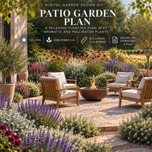 Può includere: Kit di progettazione giardino digitale intitolato Patio Garden Plan, con un piano di piantagione rilassante con piante aromatiche e impollinatrici. Include icone per pieno sole, zone USDA 5-8, patio 5m, bordo 1,5m e download PDF istantaneo.