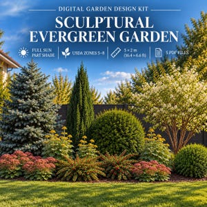 Puede incluir: Kit de diseño de jardín digital titulado Sculptural Evergreen Garden. Incluye iconos para pleno sol a sombra parcial, zonas USDA 5-8, dimensiones de 5x2m y 5 archivos PDF. La imagen muestra un jardín paisajista con plantas perennes y arbustos.
