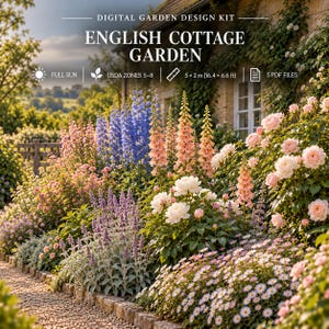 Op de afbeelding: Een digitaal tuinontwerppakket genaamd English Cottage Garden, met 5 PDF-bestanden voor een oppervlakte van 5 x 2 m. De afbeelding toont een bloembed met blauwe riddersporen, perzikkleurig vingerhoedskruid, witte pioenrozen en roze rozen.