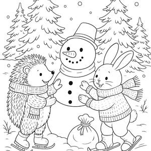 冬の雪だるまぬりえ – ハリネズミとウサギ（デジタルダウンロード A4）