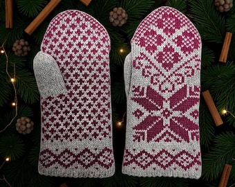 100% Wool Nordic Knit Mittens, Warm Winter Gloves, Cozy Gift