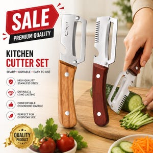 May include: A kitchen cutter set featuring two stainless steel tools with wooden handles. One tool has a light wood handle and a flat blade, while the other has a dark wood handle and a serrated edge. The set is displayed with sliced cucumbers.