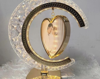 Lámpara fotográfica personalizada de cristal en forma de media luna, luz nocturna con marco en forma de corazón, regalo romántico para parejas.