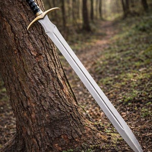 Peut inclure: Une longue épée argentée avec une garde et un pommeau dorés et une poignée noire. L'épée est appuyée contre un arbre dans un cadre forestier.