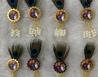Bulk Radha Krishna Peacock Feather Brooch, Wedding Favors, Groomsmen Gifts, Baraat Swagat, Puja Gifts