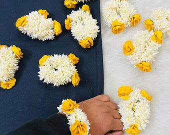 Haldi/Mehndi Jasmin Hochzeit Gajra-Haar Accessoire, Armband Scrunchie Mogra Floral Band Indisch Pakistanische Hochzeiten Nikah Brautjungfer Geschenk