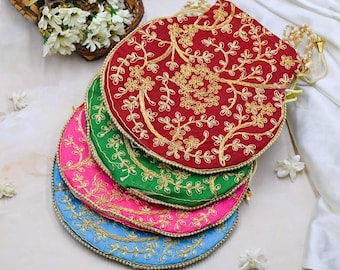 Embroidered Silk Potli Bag – Indian Handmade Party Favor, 9x9 inches (Lot of 50)