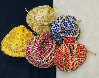 Bolso Potli indio / Bolso de mano de seda con bordado de espejos / Regalos de boda al por mayor / Bolsa de regalo de agradecimiento para la novia
