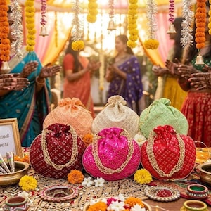 Può includere: Una collezione di sacchetti colorati con coulisse e motivi, decorati con catene dorate, esposti su un tavolo decorato. Le borse sono nei toni del rosso, rosa, arancione e verde. La scena è adornata da decorazioni floreali e cartelli.