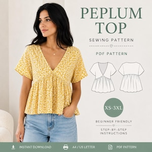 V Neck Peplum Top Sewing Pattern, Flutter Sleeve Blouse PDF, Women’s Sewing Pattern XS–3XL
