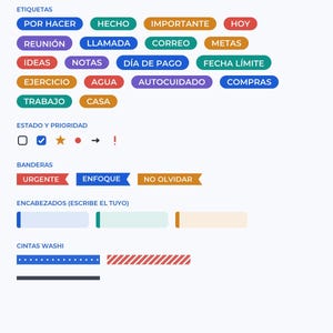 May include: A digital sticker pack titled The Android-First Planner containing 33 transparent PNG elements. Includes colorful labels with Spanish text, status icons, flags, blank headers, and washi tape strips for digital planning and organization.