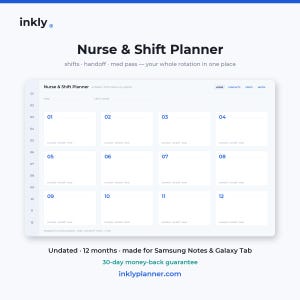Könnte beinhalten: Eine digitale Nurse & Shift Planner-Oberfläche von Inkly mit einem 12-Monats-Layout. Der Bildschirm zeigt Bereiche für Jahr, Einheit, Station und Monatsraster von 01 bis 12 mit Unterfeldern für Zeitplan, Übergabe und Medikamentengabe.