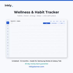 Può includere: Un'interfaccia digitale per il planner Wellness & Habit Tracker di inkly. Il layout presenta una griglia Month 01 Habits con righe per i giorni e colonne di tracciamento, schede di navigazione per Home, Goals, Reflect, Pixels, Dump e pulsanti Habit, Mood & Energy, Sleep.