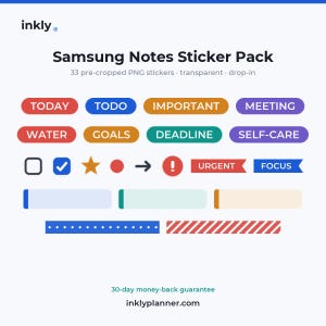 Può includere: Un pacchetto di adesivi digitali per Samsung Notes con 33 file PNG trasparenti pre-ritagliati. Il set include etichette rettangolari colorate con testo come TODAY, TODO, IMPORTANT, MEETING, WATER, GOALS, DEADLINE, SELF-CARE, URGENT e FOCUS.