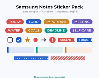 Samsung Notes Stickers | 33 Pre-Cropped PNG Digital Stickers Android Tablet | Minimal Planner Stickers | Transparent Background | S Pen