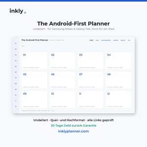 May include: A digital planner interface titled The Android-First Planner, designed for Samsung Notes and Galaxy Tab. The layout features a grid of twelve numbered sections, navigation tabs for goals, habits, notes, and budget, with a clean white background and blue text elements.