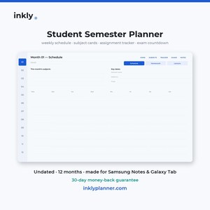 Può includere: Un pianificatore digitale per il semestre studentesco per Samsung Notes e Galaxy Tab con il testo inkly, Student Semester Planner, weekly schedule, subject cards, assignment tracker, exam countdown, Month 01 - Schedule e schede di navigazione.