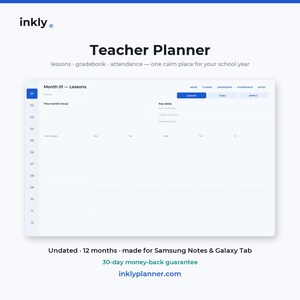 Può includere: Un'interfaccia di pianificazione digitale per insegnanti Inkly con un layout per la pianificazione delle lezioni. Lo schermo mostra il Mese 01, sezioni per lezioni, registro dei voti, presenze e note su uno sfondo bianco.