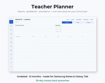 Digital Teacher Planner for Samsung Notes | Undated Lesson Plan Gradebook Attendance Tracker | Android Galaxy Tab Hyperlinked PDF