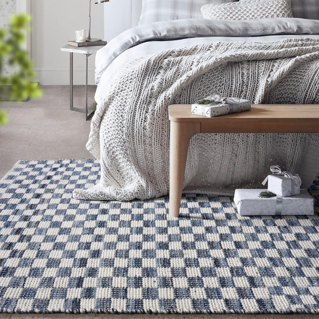 Blue Checkered Handwoven Rug, Scandinavian Checkerboard Carpet, Modern ...