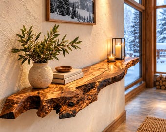 May include: A live edge wooden wall shelf with a natural grain pattern, holding a textured off-white ceramic vase with green olive branches, a small wooden bowl, and two stacked books. A black metal lantern with a lit candle sits on the shelf.