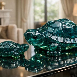 May include: Two decorative glass turtle figurines in shades of teal and green sit on a reflective black surface. The larger turtle is in front of the smaller one. The turtles have detailed shell patterns.