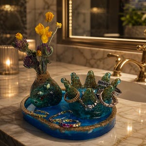 Könnte beinhalten: Ein blau-grünes Harz-Set für den Waschtisch, bestehend aus einem ovalen Tablett, einer kleinen Vase mit gelben und violetten Trockenblumen sowie einem kronenförmigen Ringhalter. Mehrere Metallringe und Creolen liegen auf dem Set.
