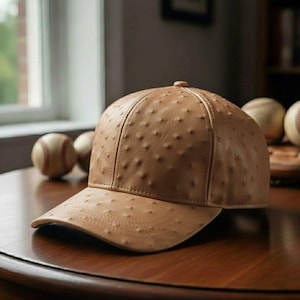 May include: A tan baseball cap with a textured finish, featuring a curved peak and a button on top. The cap is on a wooden table, with baseballs in the background.