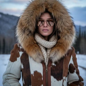 May include: A winter coat with a fur-lined hood and a cowhide pattern. The coat features a brown and white design, a zipper closure, and a cream-colored scarf. The person is wearing aviator sunglasses. The background shows a snowy landscape.