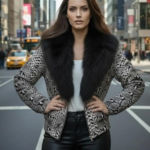 Women's Snakeskin Leather Puffer Jacket with Luxury Black Fox Fur Collar