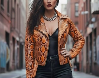 Women’s Python Leather Jacket | Snakeskin Biker Jacket | Luxury Streetwear