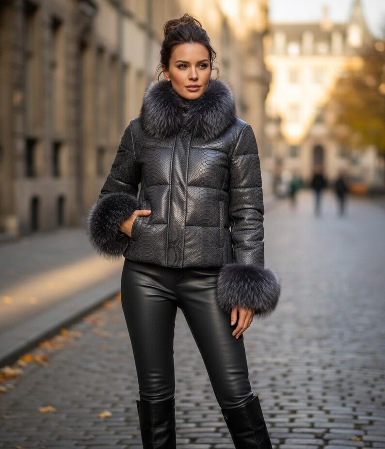 K&ouml;nnte beinhalten: Dunkelgraue Steppjacke mit Schlangenmuster, Pelzkragen und Manschetten. Die Jacke wird mit schwarzer Lederhose und Stiefeln kombiniert, was ein stilvolles, wintertaugliches Ensemble ergibt.