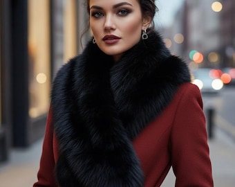 Echter schwarzer Fuchspelzkragen Schal | Weicher warmer Schal für Damen | Elegante Wintermode