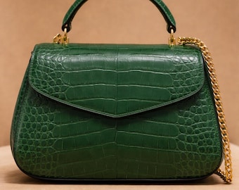 Echtes Krokodilleder Top Griff Tasche mit Kettenriemen | Elegante Statement Geldbörse für Damen