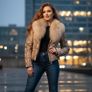 Puede incluir: Una chaqueta con estampado de piel de serpiente con cuello de piel, top negro y vaqueros azules. La chaqueta tiene un estampado marrón y beige. El fondo es un paisaje urbano borroso con luces.