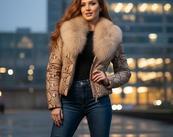 Damen Luxus Python Schlangenhaut Lederjacke Echter Fuchspelz Kragen Schlangenprint Steppjacken
