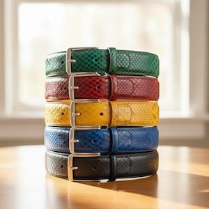 Peut inclure: Une pile de six ceintures en cuir de différentes couleurs : vert, bordeaux, jaune, bleu et noir. Chaque ceinture est dotée d'une boucle argentée et d'un motif texturé semblable à de la peau de serpent. Les ceintures sont empilées sur une surface en bois.