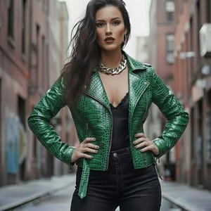 May include: A green, crocodile-textured leather jacket with a notched collar and asymmetrical zipper. The jacket features a belt at the waist and is paired with black jeans and a silver chain necklace. The model is standing in an urban setting.
