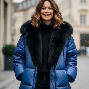 Puede incluir: Una mujer con una chaqueta acolchada azul con cuello de piel negra y un suéter negro. La chaqueta tiene un diseño acolchado y cierre de cremallera. La mujer sonríe al aire libre.