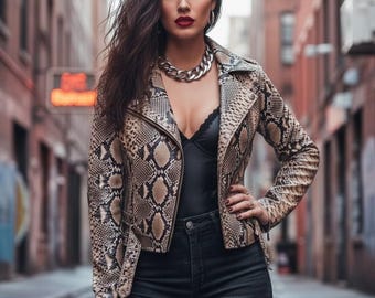 Women’s Python Leather Jacket | Snakeskin Biker Jacket | Luxury Streetwear