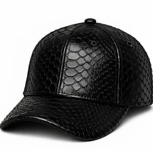 ブラックユニセックススネークスキンハット | パイソンレザーキャップ エンボスレザー